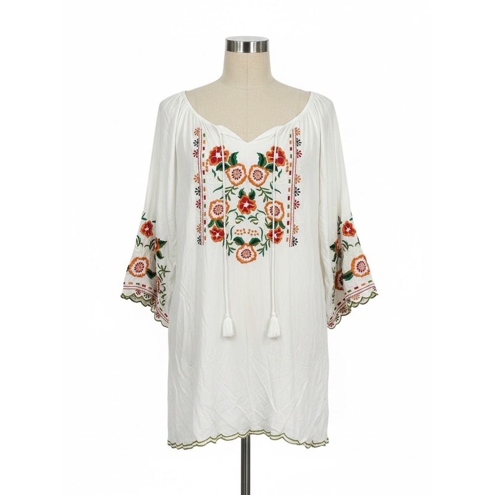 Chic Connection Embroidered Boho Peasant Tunic Top White 2X